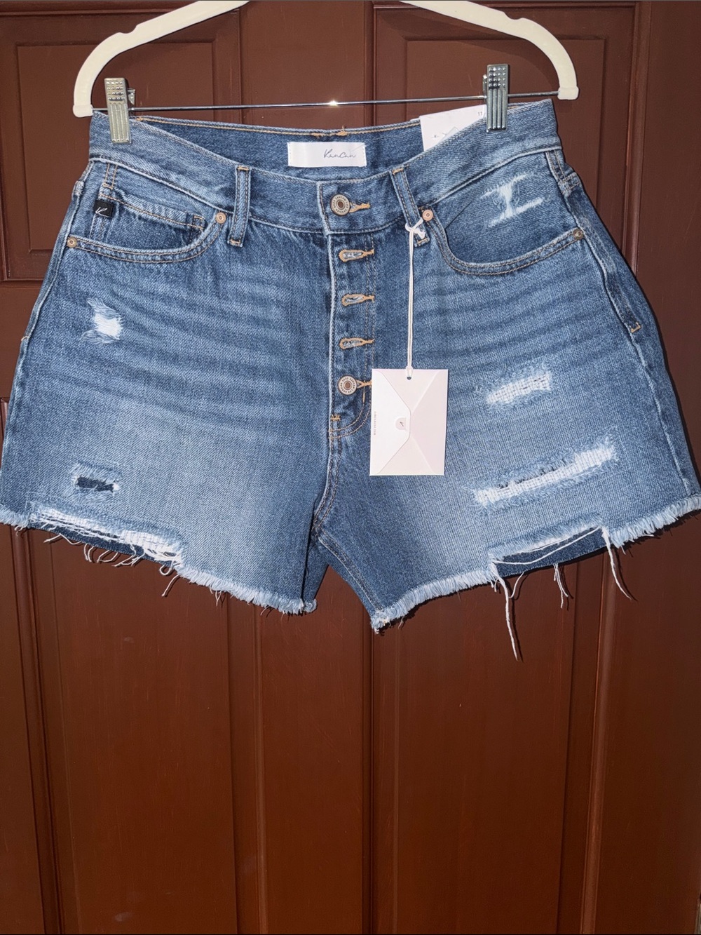 KanCan Distressed Mid-Blue Button-Fly Denim Shorts
